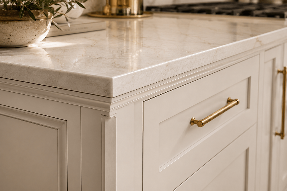 Custom Swiss Coffee inset cabinetry with Taj Mahal quartzite countertop, brushed brass hardware, and precision craftsmanship details.