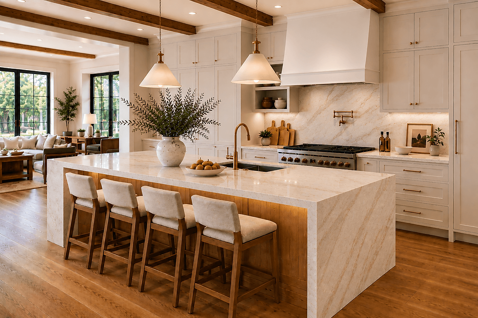 Warm luxury kitchen featuring Swiss Coffee cabinetry, Taj Mahal quartzite surfaces, natural wood accents, and abundant natural light.