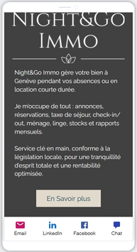 Logo et site web de Night&Go Immo présentant ses services de gestion locative à Genève, avec navigation claire et visuels illustrant la tranquillité offerte aux propriétaires. 
