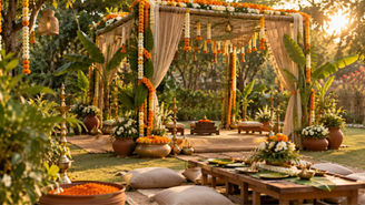 Alt text : Eco-friendly Indian wedding mandap decorated with marigold flowers and reusable bamboo décor for a sustainable wedding