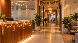 alt tag: LED lights and fabric toran decorating an office reception for a fire-safe eco-friendly Diwali