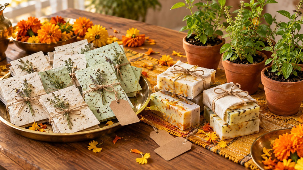 Eco-friendly godh bharai return gift ideas: plantable seed paper, handmade soap and tulsi saplings in terracotta pots