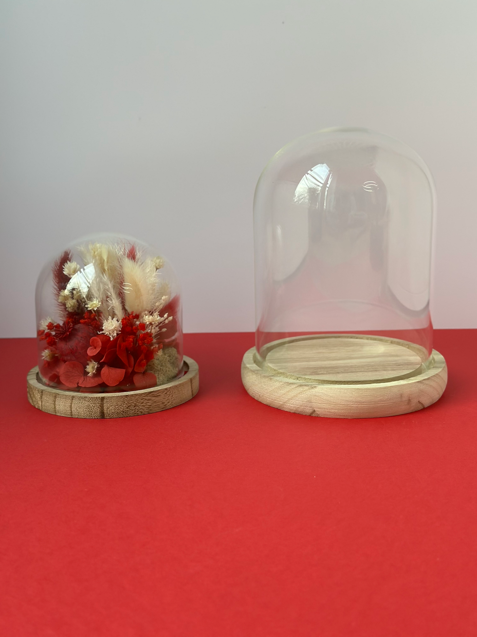 cloche en verre avec socle en bois, fleurs séchées rouge et blanc