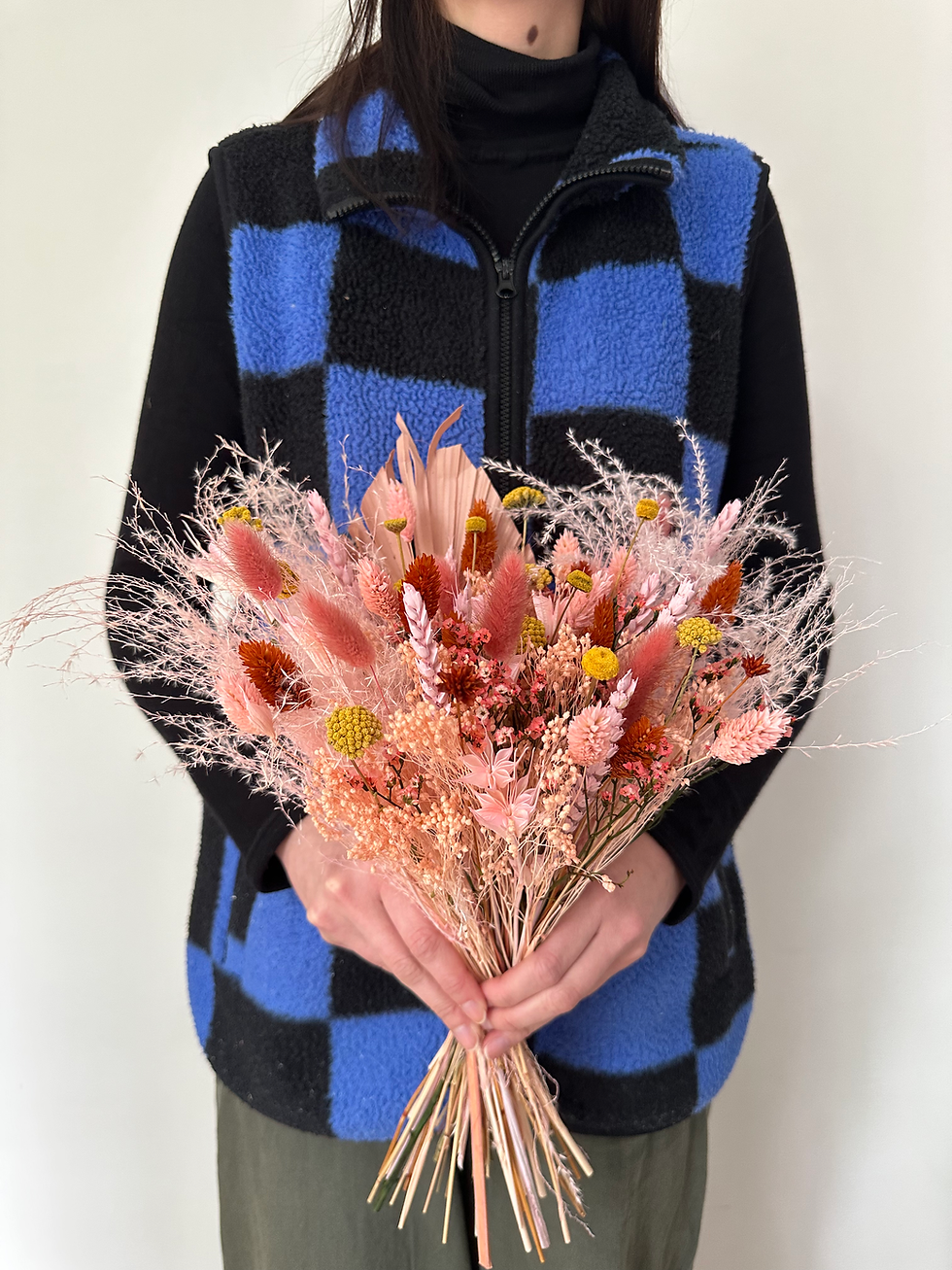 Bouquet fleurs séchées terracotta, rose pâle et jaune