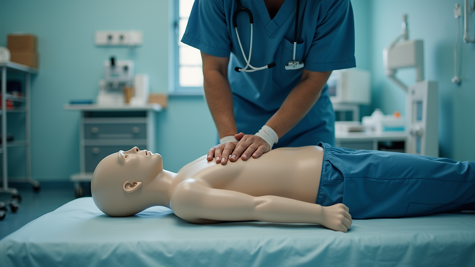 Eye-level view of a medical professional practicing CPR on a training mannequin