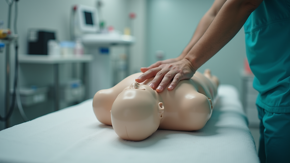 Eye-level view of a CPR training mannequin on a table