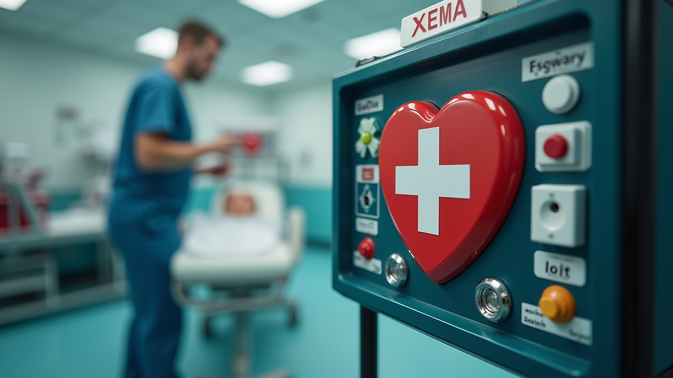 Close-up view of defibrillator and medical equipment used in advanced life support training