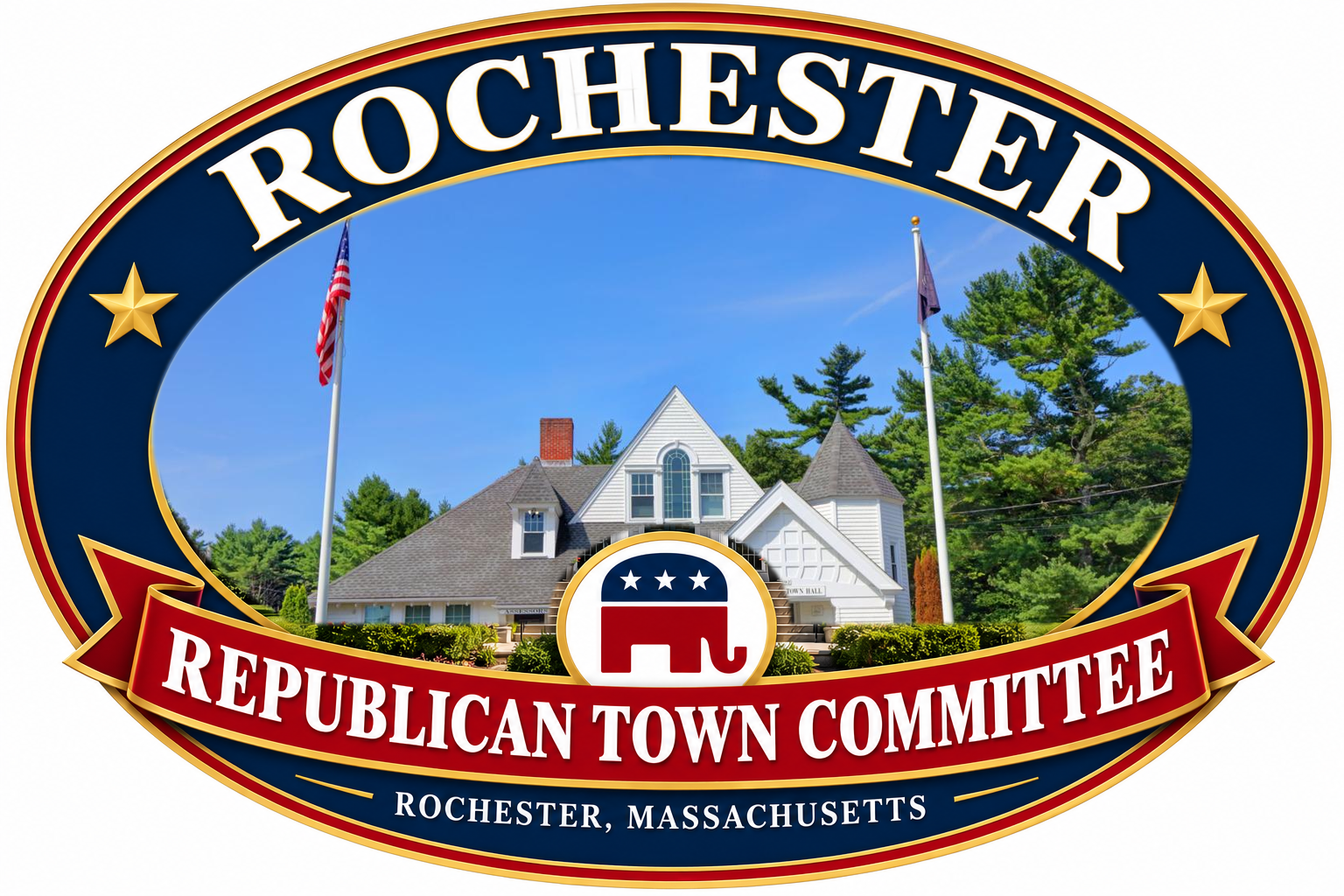 Rochester Republican Town Committee oval logo featuring the actual Rochester Town Hall photograph