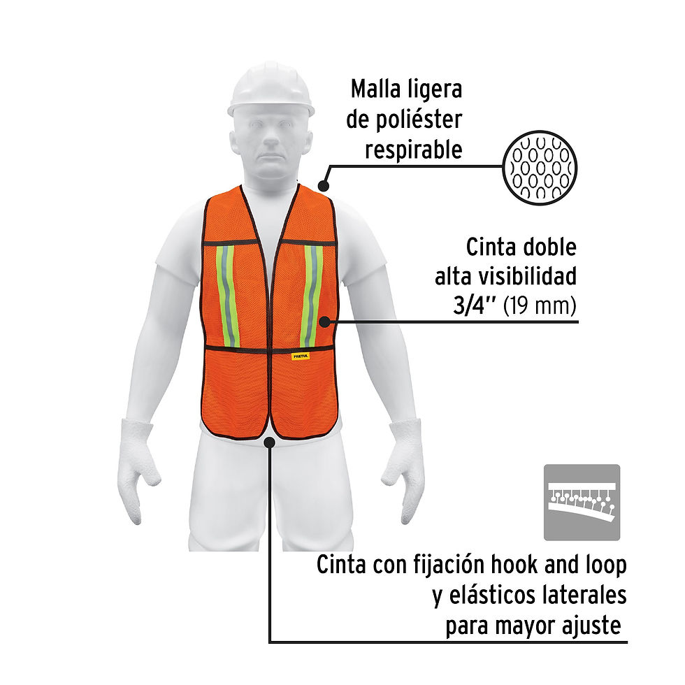 Miniatura: Maniqui vistiendo el chaleco de seguridad y explica las características principales del producto