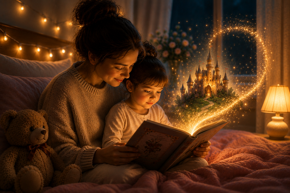Mother reading a bedtime story to her child before sleep