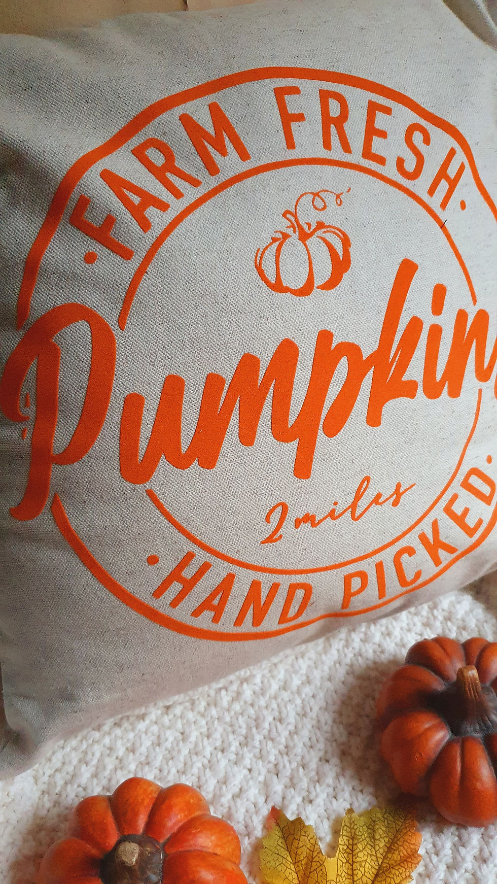 Thumbnail: Orange Farm fresh pumpkins brown and linen   cotton pillow printed