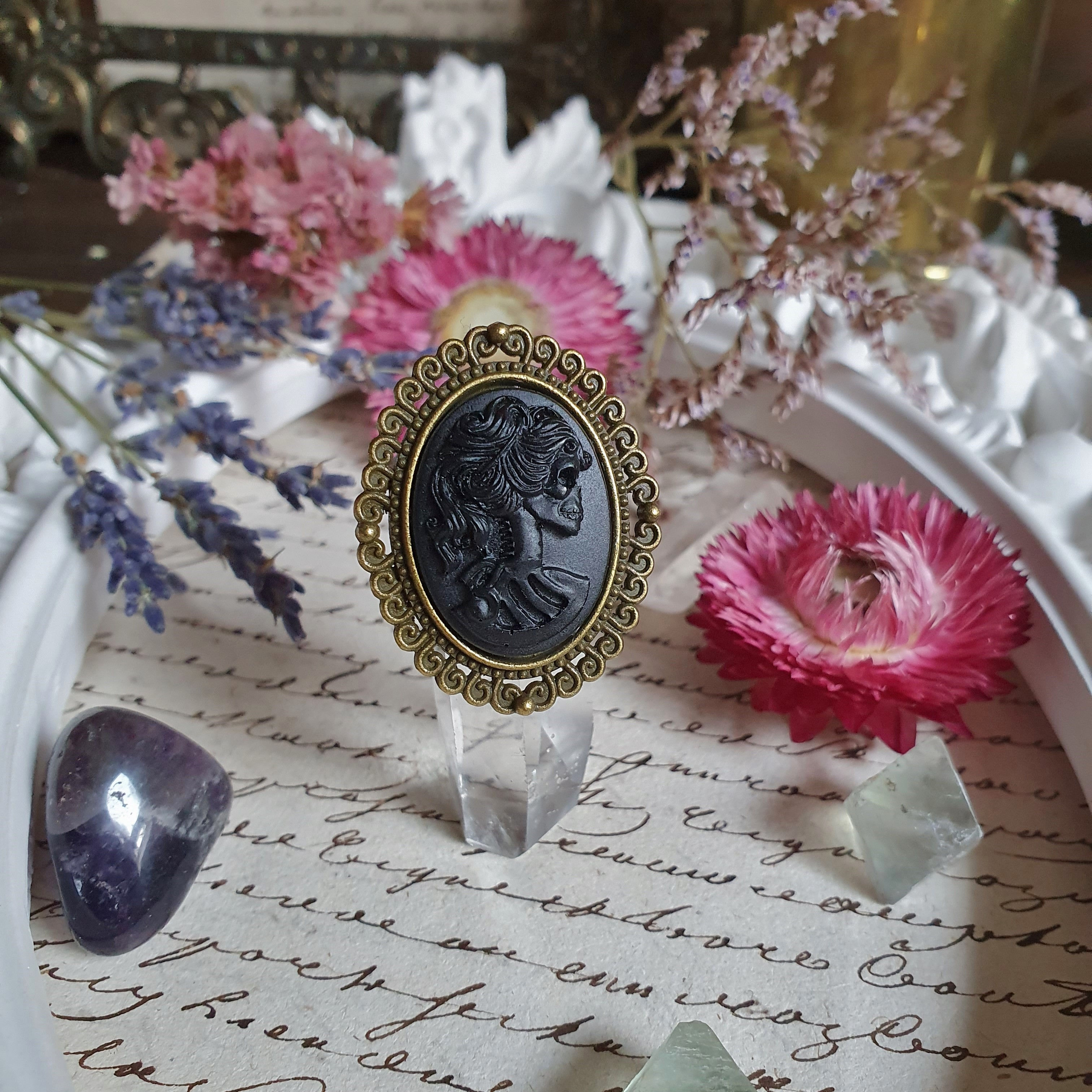 Black skeleton lady cameo gothic bronze ring halloween