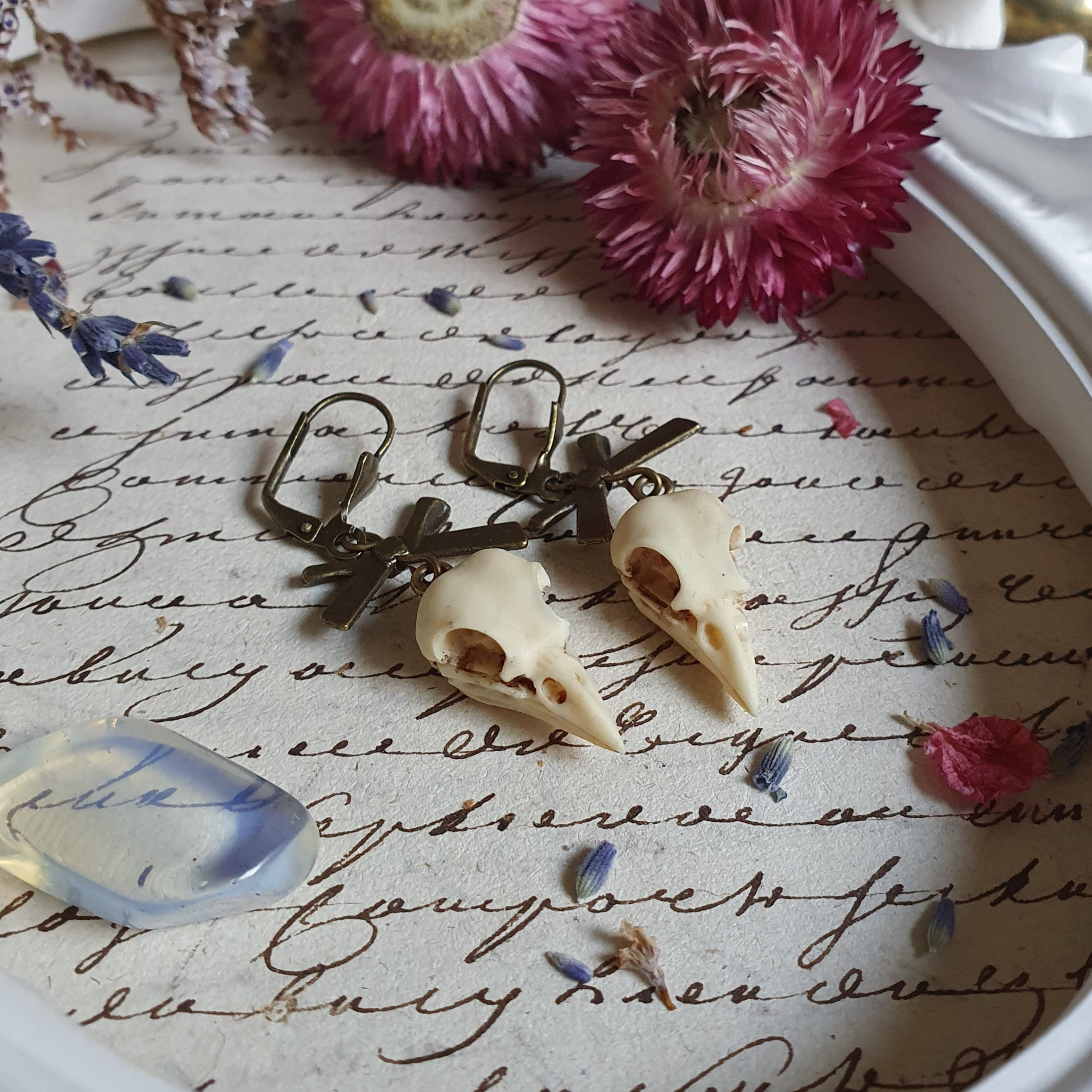 Bird raven skull bronze gothic earrings