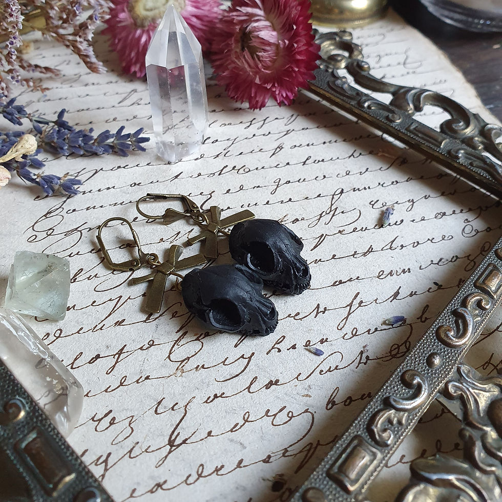 Black and bronze gothic witch cat skulls earrings