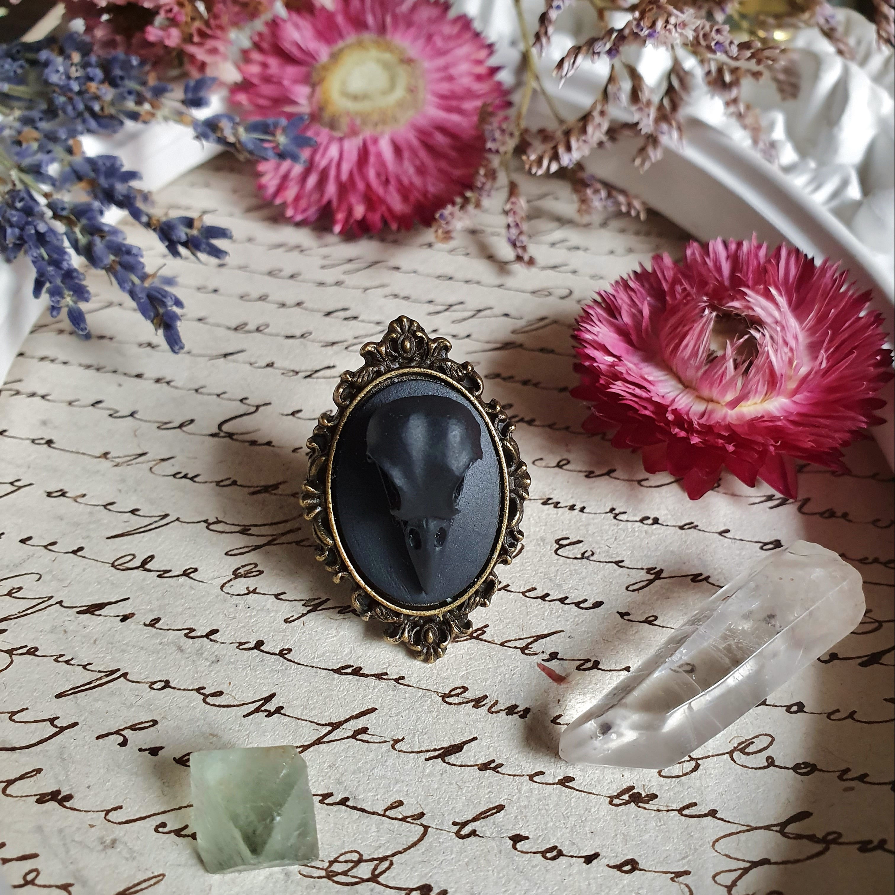 Gothic victorian black raven skull cameo brone witch