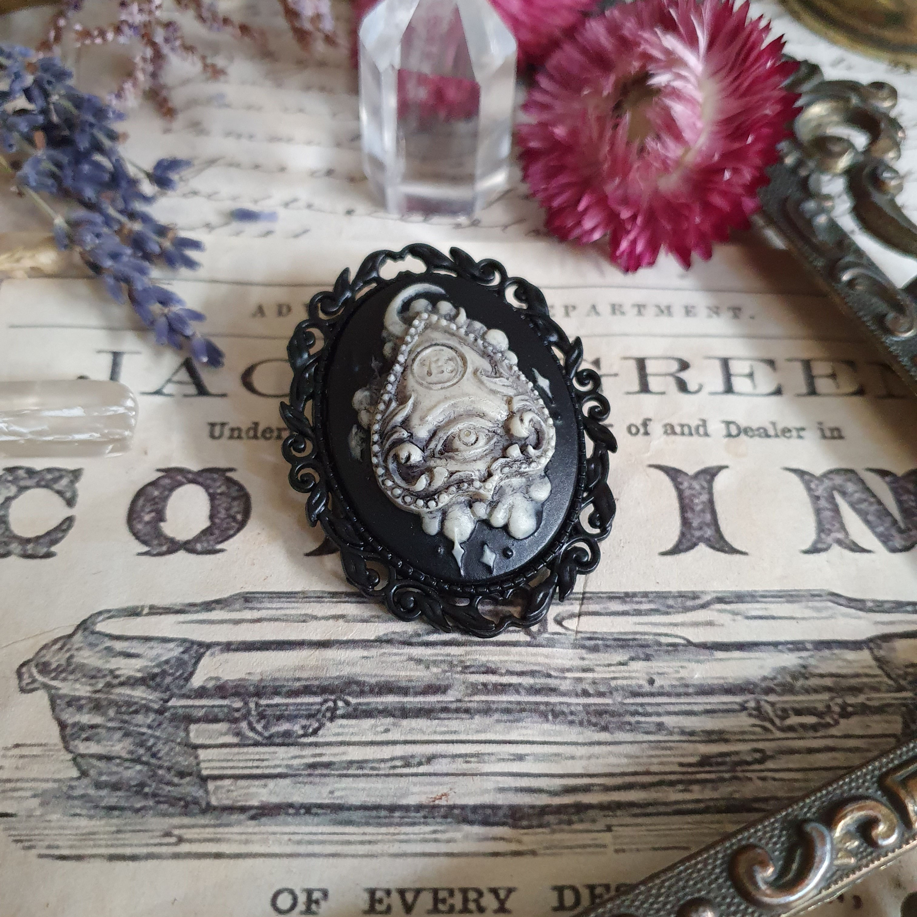 Gothic black Ouija planchette cameo brooch halloween