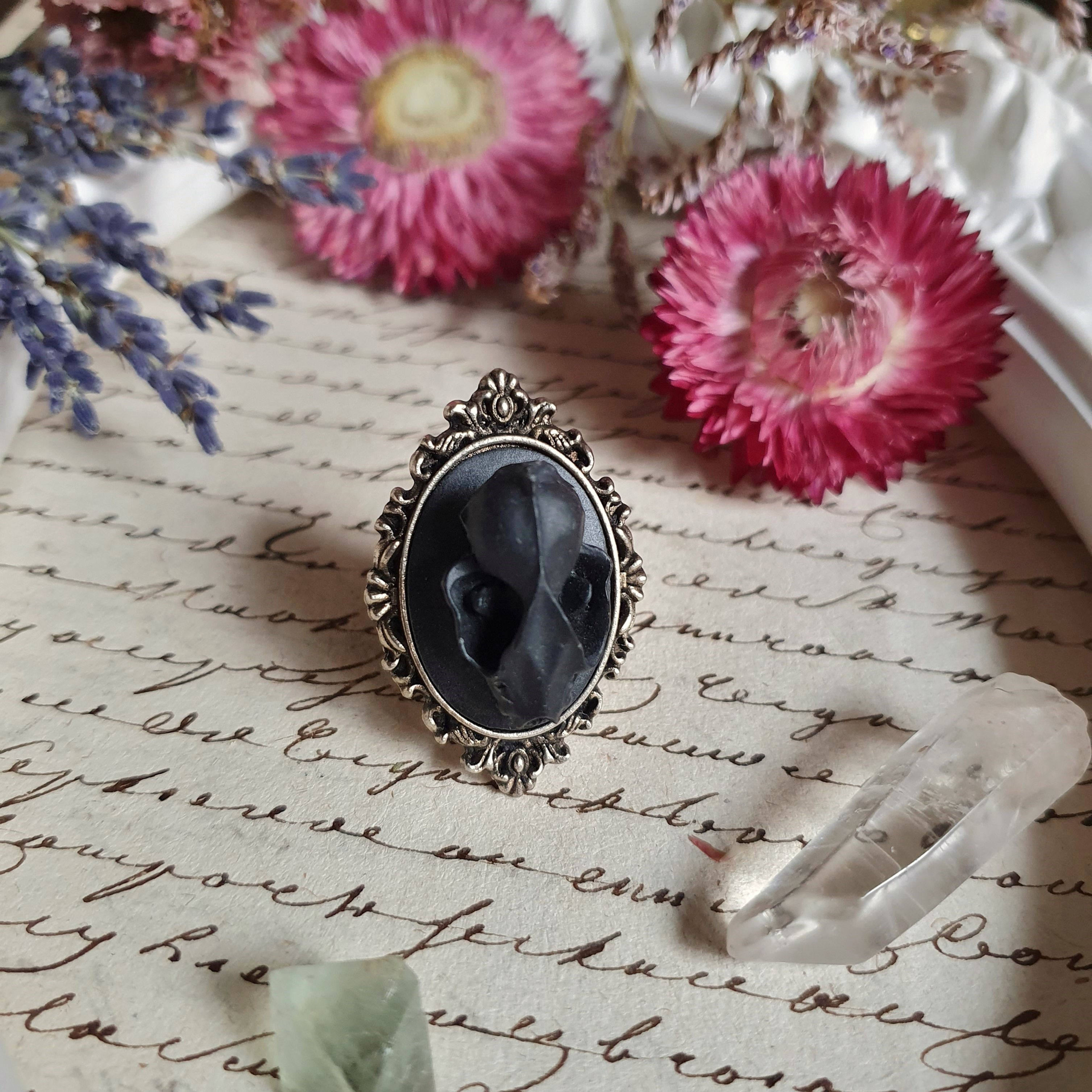 black vampire bat skull gothic victorian ring silvertone