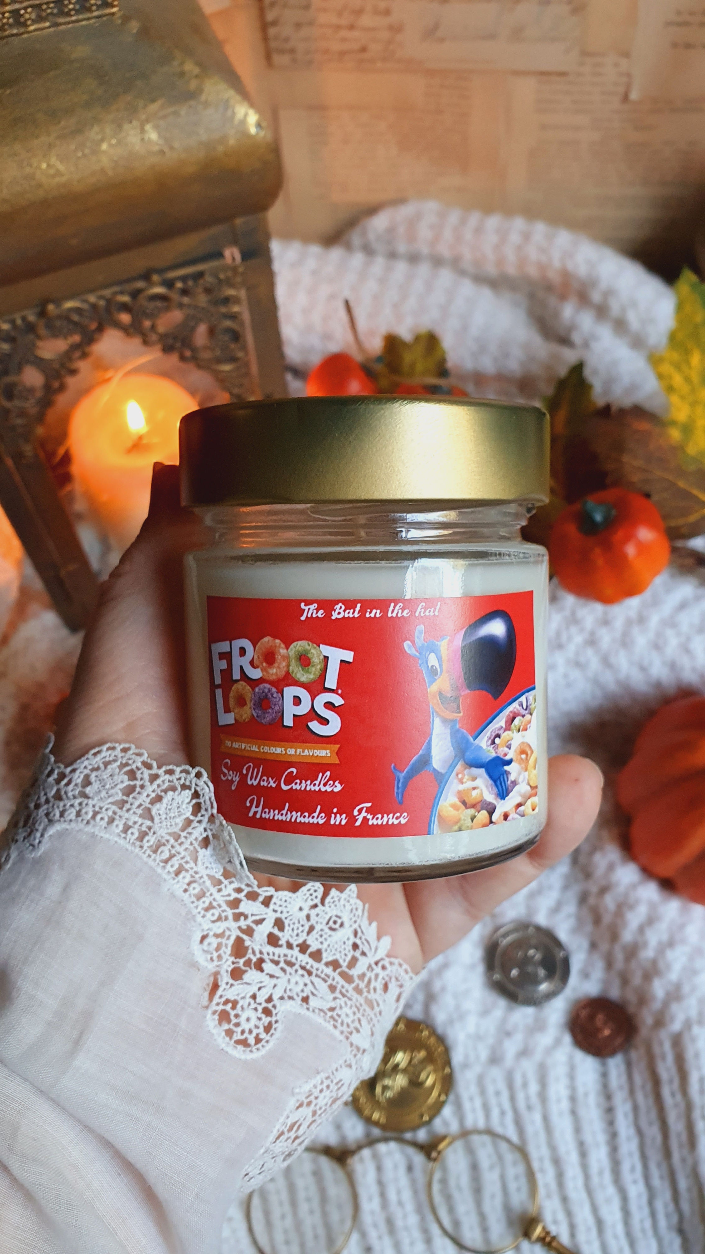 Bougie au soja, pot en verre  parfum Céréales Colorés Fruités