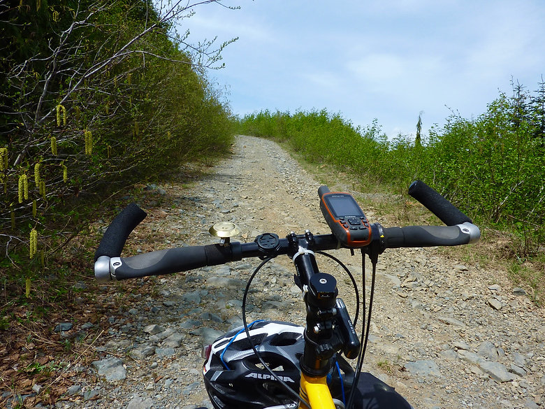 Garmin GPS, with Backroads digital maps, bikepacking near Peak Lake and Mt Moriarty, SE of Port Albernis
