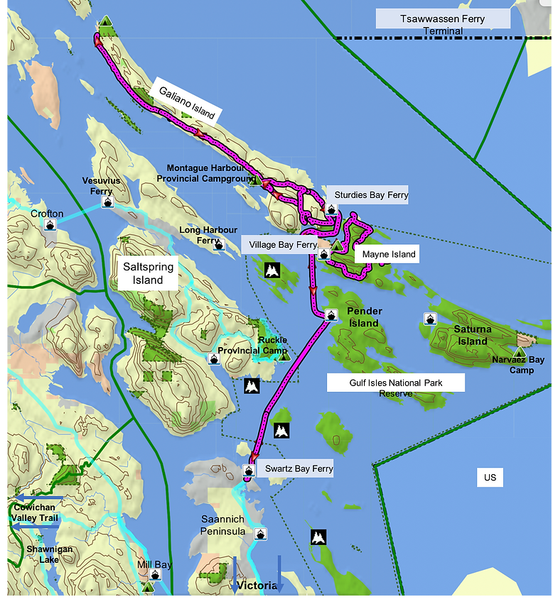Route map for Galiano & Mayne Islands | cycle touring south Gulf Islands