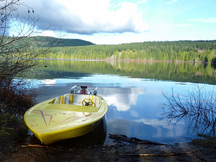 Brewster Lake racing boat | noisy Rec camp neigbours | cycle touring Vancouver Island
