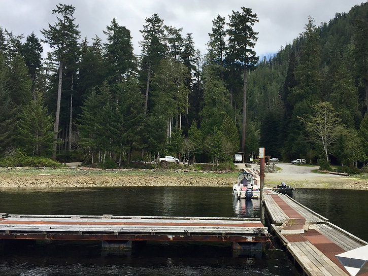 Cougar Creek Rec Camp | docks & beach | bikepacking west from Gold River | cycle touring Vancouver Island