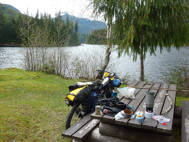 Cannister camping stove discussion | Maynard Lake near Port Alice | cycle touring camping stoves