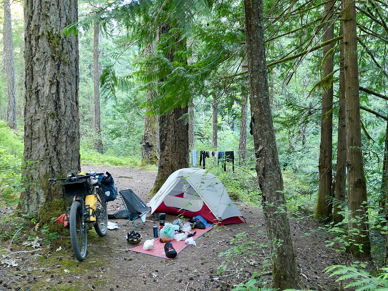 Wild camping on a bikepacking tour in the backroads south of Cowichan Lake, south Vancouver Island