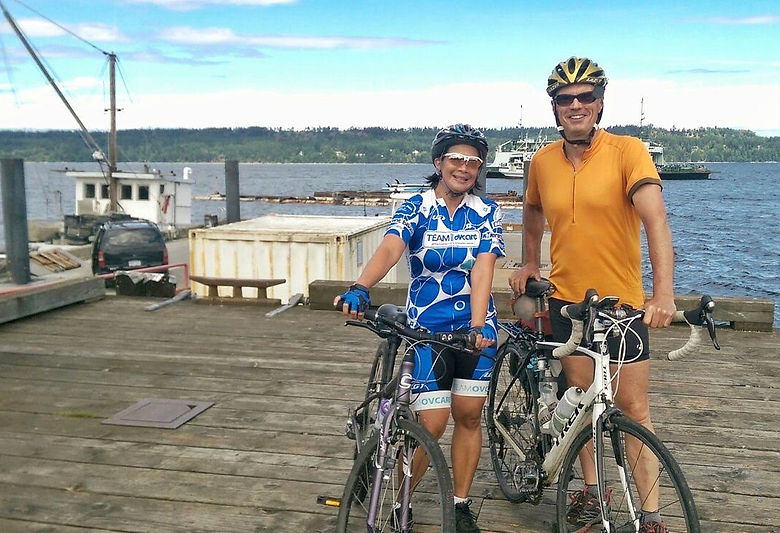 Taking a cycling break at Fanny Bay, central Vancouver Island