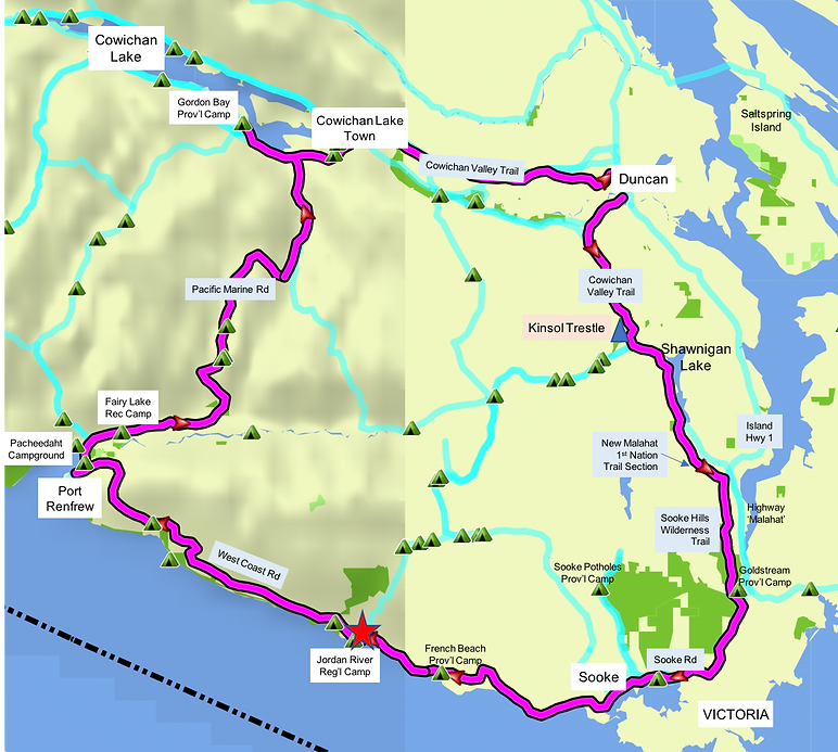 Location map, Jordan River Regional Park, favourite campground, surfers, SW coast Vancouver Island, bike tour, bikepacking