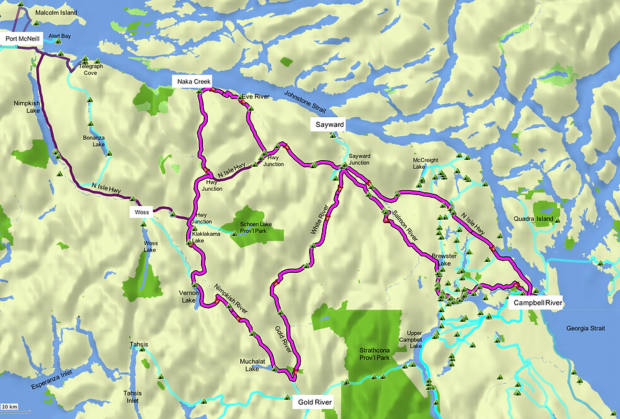 Fav ride Route map | bikepacking north from Campbell River | cycle touring north Vancouver Island