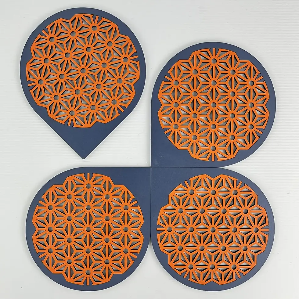 navy blue and orange teardrop lasercut coasters