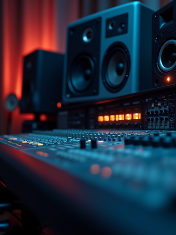 Close-up-shot-of-professional-studio-monitor-speakers-in-a-dark-mixing-room-with-ambient-l