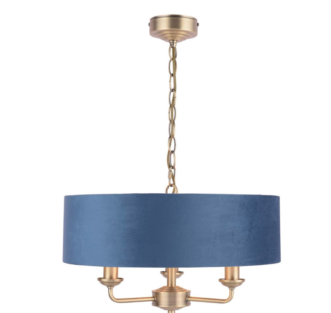 LAURA ASHLEY SORRENTO 3 LIGHT PENDANT MATT ANTIQUE BRASS & BLUE SHADE