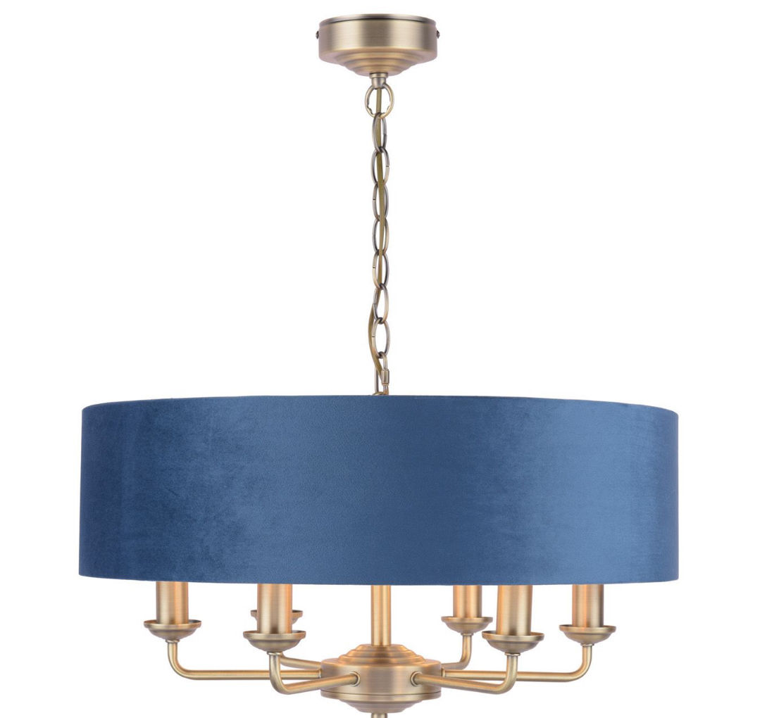 LAURA ASHLEY SORRENTO 6 LIGHT PENDANT MATT ANTIQUE BRASS & BLUE SHADE