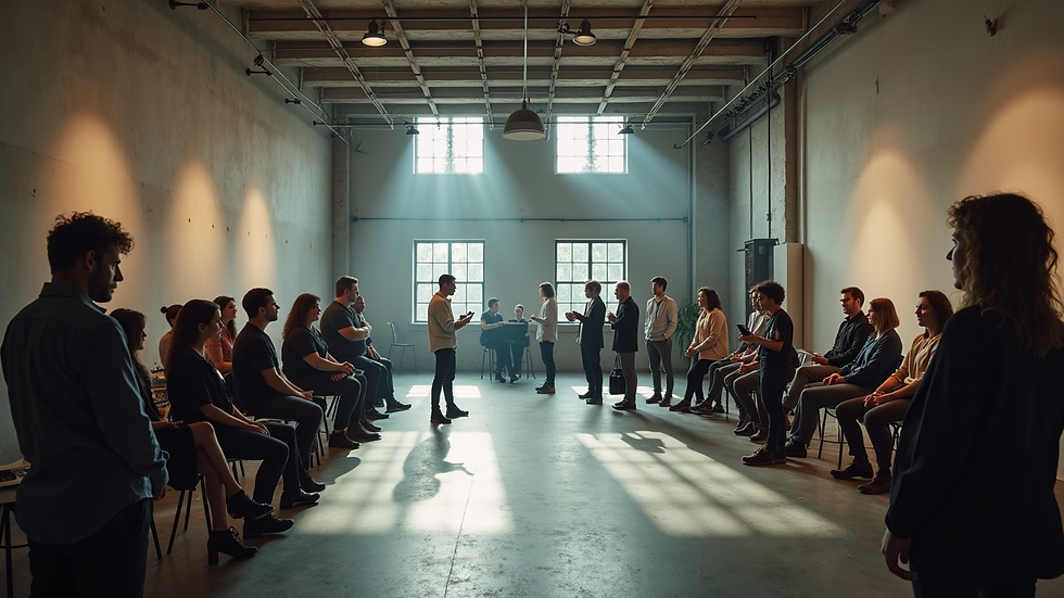 Plano medio de grupo de personas en taller de improvisación para empresas
