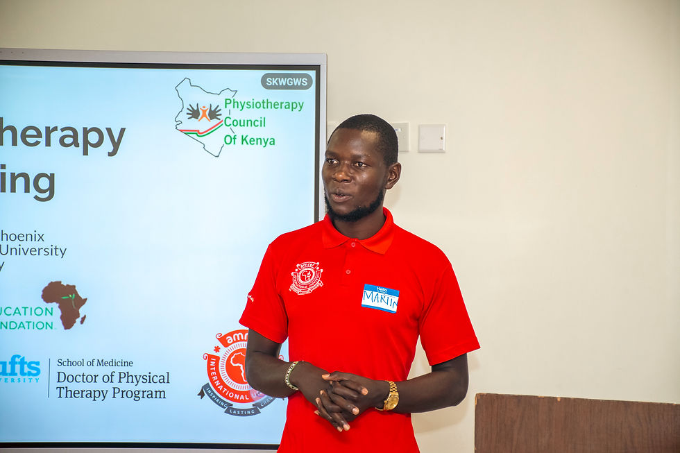 Martin Dagala, PT, Clinical Coordinator in the Rehabilitation Medicine Department at AMREF International University, shares practical clinical teaching strategies with participants during the CPTI training course in Nairobi.