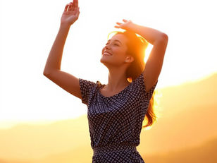 Woman in morning light lifting her face toward the sun — symbol of healing from shame and reclaiming strength.