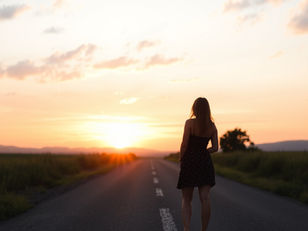 Woman standing at sunrise on an open road, representing integrity and new beginnings.