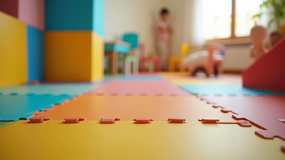 Close-up view of a colorful infant play area with soft mats and toys