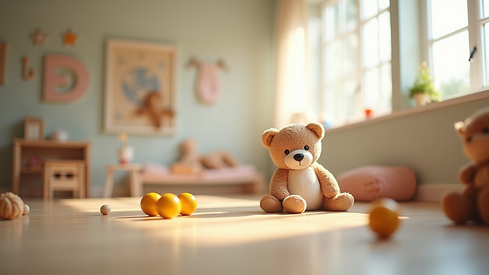 Eye-level view of a cozy infant daycare room with soft lighting and toys