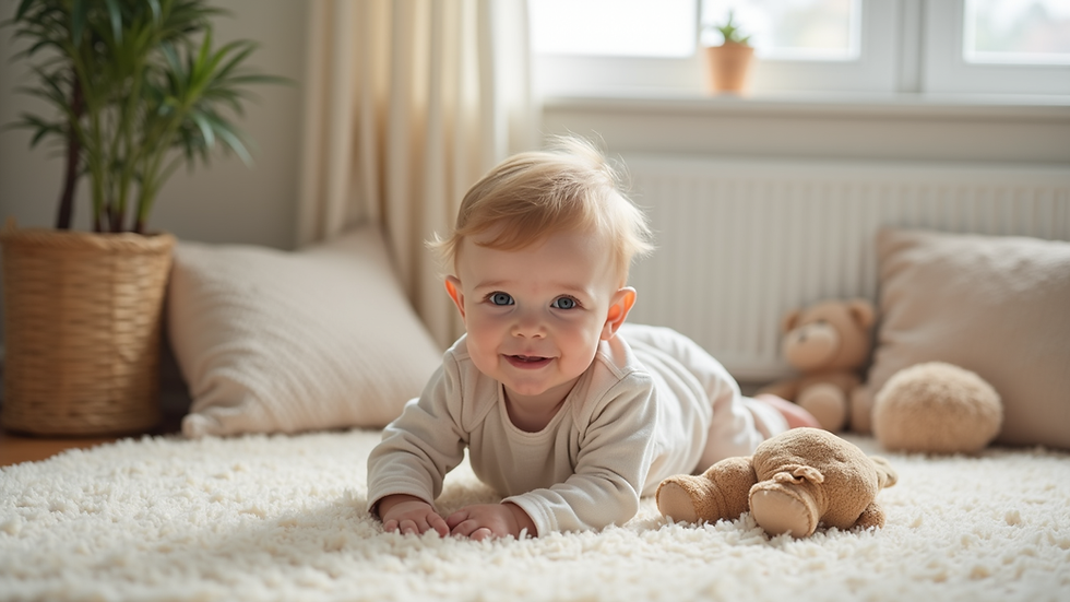 Eye-level view of a cozy infant play area with soft toys and cushions