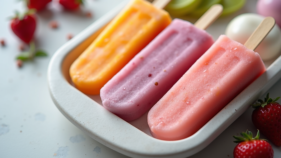 High angle view of colorful frozen yogurt popsicles on a tray