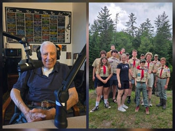 Split image: smiling elderly man with headphones in a radio studio; beside him, a group of scouts posing outdoors among pine trees.