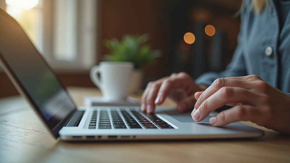 Close-up view of a person typing on a laptop with a coffee cup nearby