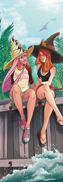 A with with an ice cream swirl hat and a red headed fall witch sit on a sea wall and talk