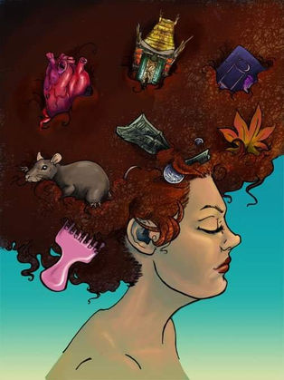 artist portrait in profile with items stuck in very curly hair
