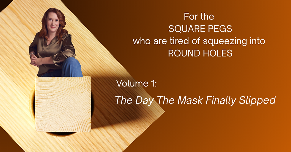 An image of Sarah sat on a square peg that doesn't fit in the round hole