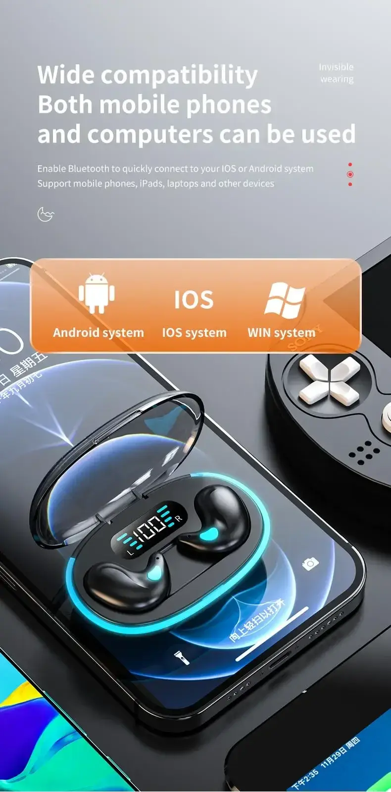 Thumbnail: X55 Invisible Sleep Wireless Earphone TWS Bluetooth 5.3 Headphones Hidden Earbud