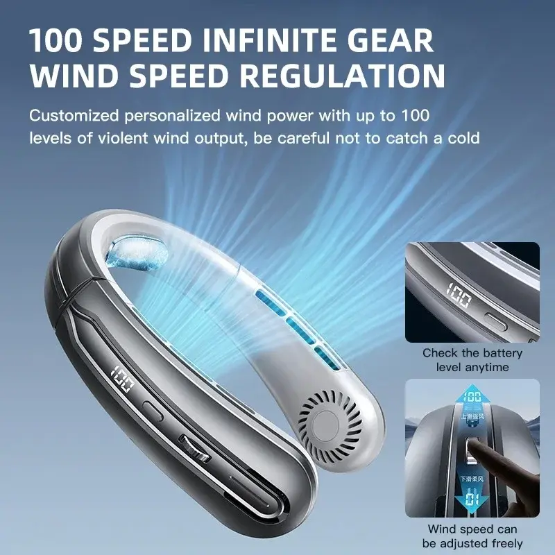Thumbnail: 8000mAh USB Hanging Neck Fan Portable Bladeless Mini Rechargeable Mute LED Digit